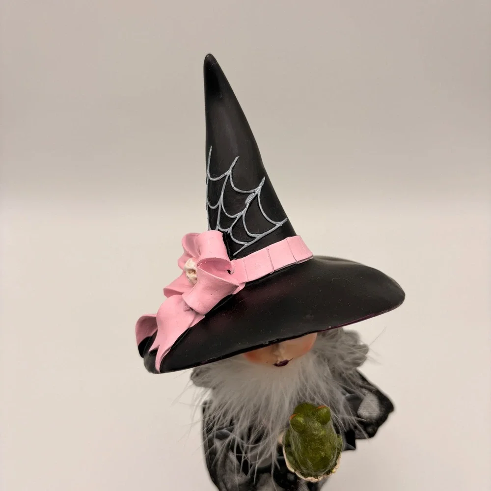 Halloween Witch Figurine with Frog Pink Black Decor